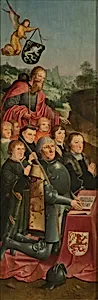 Memorial Panel with Eight Male Portraits, probably Willem Jelysz van Soutelande and Family, with Saint James the Greater and the Van Soutelande Family Crest, inner left wing of an altarpiece