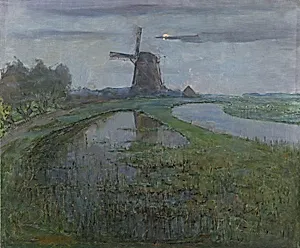 Oostzijdse Mill along the River Gein by Moonlight by Piet Mondriaan
