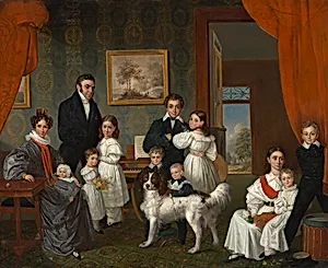 Portret van de familie Baud in hun buitenhuis in Voorburg
