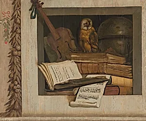 Still Life with Books, Sheet Music, Violin, Celestial Globe and an Owl