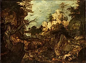 Wild boar hunt in a rocky landscape