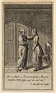 A Father or Guardian Talking to a Girl, Illustration of the Play "Nicht mehr als sachs Schuesseln" by Fredrich Wilhelm Grossman in "KÃ¶nigl: Grosbrit [anische] Genealogischer Kalender auf das 1782 Jahr Lauenberg bey J.G. Berenberg"
