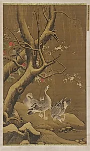 A group of geese under snow-covered willow and blossoming trees