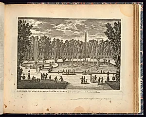 A. LE GRAND JET D’EAU, B. LA FONTAINE DE LA GERBE, qu’on apelle la fontaine du Pavillon de Manse by Adam Perelle, French, 1638 – 1695