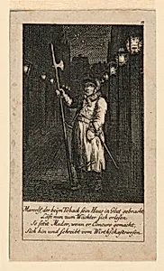 A Night Watchman, Illustration for "Königl: Grosbrit [anische] Genealogischer Kalender auf das 1780 Jahr Lauenberg bey J.G. Berenberg" by Daniel Nikolaus Chodowiecki, German, 1726 - 1801