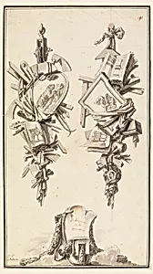 A pair of trophies referring to the crafts of the cabinet maker and the carpenter