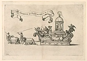 A parade float in Reggio, Italy: "Carro trionfale della ConfraternitÃ  del S.to Sacrame.to di S. Stefano" (The Triumphal Carriage of the Confraternity of the Holy Sacrament of St. Stephen). Plate 2a from A. Isacchi, "Relatione di Alfonso Isachi intorno l'origine, solennitÃ , traslatione, et miracoli della Madonna di Reggio [...]" published by Flaminio Bartoli, Reggio.