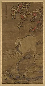 A stag, a doe, and red camellias in snow by Zhou Yuan (mid- to late 14th century)