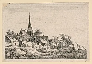 A Steepled Church and Other Buildings by a Body of Water