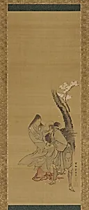A woman and a wood gatherer under a cherry tree