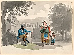 A Woman Holding a Boy with Her Hand Passing a Gentleman Seated Among Ruins in the Campagna