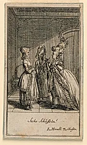 An Elderly Woman Scolding a Girl, Illustration of the Play "Nicht mehr als sachs Schuesseln" by Fredrich Wilhelm Grossman in "KÃ¶nigl: Grosbrit [anische] Genealogischer Kalender auf das 1782 Jahr Lauenberg bey J.G. Berenberg"