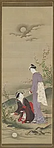 Autumn: Two women gazing at the reflection of the moon