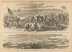 Battle of Antietam--Burnside's Division, Left Wing--Brilliant and Decisive Bayonet Charge of Hawkins's Zouaves, Colonel Kimball on the Rebel Battery on the Hill, Right Bank of the Antietam Creek near Sharpsburg, on the Afternoon of September 17--Utter Rout of the Rebels. From a Sketch by Our Special Artist, Mr. Edwin Forbes.