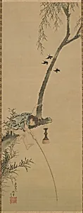 Boy fishing from the limb of a tree