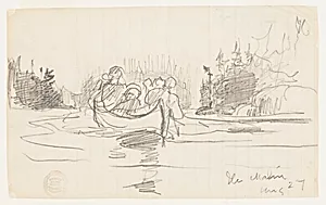 Canoe with Three Men, Ile Maligne, Quebec