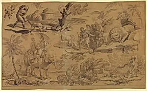 Cartoon for cotton printing: Les Fables de La Fontaine