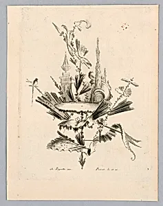 Cartouche with Statuary and a Bird