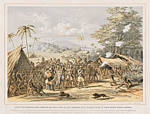 Catlin the celebrated Indian traveller and artist, firing his Colt's Repeating Rifle before a tribe of Carib Indians in South America