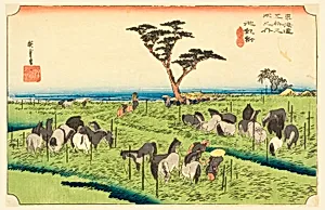 Chiryu, The Horse Fair, in The Fifty-Three Stations of the Tokaido Road (Tokaido Gojusan Tsugi-no Uchi) by Ando Hiroshige, Japanese, 1797–1858