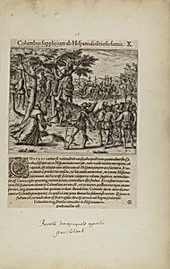 Columbus Supplicium ab Hispanis Seditiosis Sumit. X. (from book, Americae, part four)
