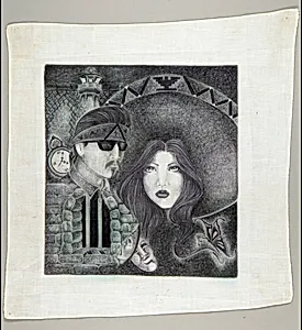 Couple with Woman Wearing Sombrero with UFW Symbol by Unidentified Hourglass Prison Artist