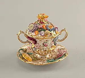 Covered Two-Handled Cup and Saucer