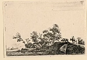 Cows and Horsemen Cross a Bridge Over a Canal