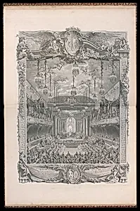 DÃ©coration de la salle de spectacle, construit dans le manÃ¨ge couvert de la grande Ã©curie Ã  Versailles, pour la reprÃ©sentation de la Princesse de Navarre ComÃ©die Ballet, donnÃ©e Ã  lâoccasion du Mariage de Louis Dauphin de France avec Marie ThÃ©rÃ¨se Infante dâEspagne, le XXIII fÃ©vrier M.DCCLV.