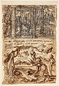 David Receives the Holy Bread and Sword of Goliath [above]; Two Dragons Decapitated [below]