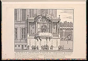 DECORATION DU THRONE ELEVÉ AU BALCON DE L’APARTEMENT DE L’INFANTE. Pour leurs Majesté et la famille Royalle, à l’occasion de la feste que la Ville a donnée sur le bassin de la Rivierre de Seine, en Rejouissance du Mariage de Madame premiere de France, avec Dom Philippes II. Infante d’Espagne, le 29 Aoust 1739; Executée par les Bâtiments du Roy. Sur les Dessins de Mr. Gabriel, premier Architecte du Roy.