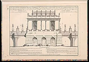 DECORATION EXTERIEURE DE LâEDIFICE DU CÃTÃ DE LA RIVIERE ELEVÃ AU MOIS DâAOUST 1739. Sur la Terrasse ou est placÃ©e la StatÃ¼e Equestre de Henry IV au Pont Neuf, a lâoccasion du mariage de Madame de France et de Dom Philippe II Infant dâEspagne Sous les ordres de Monsieur Turgot Conseiller dâEtat, Prevost des Marchands et Messieurs les Echevins de la Ville de Paris. Sur les Desseins et Conduitte du Chevalier Servandony Architecte et Peintre du Roy.