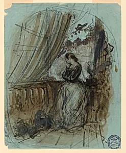 Design for a Lithograph, A Young Woman Standing on a Terrace