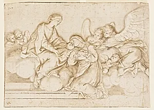 Design for a Monochrome Wall Painting, Church of Corpus Domini, Bologna, Italy, St. Caterina Vigri Receives the Babe from the Virgin