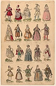 Design for a Print with Twenty Theatrical Costumes Worn in Paris Performances