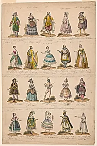 Design for a Print with Twenty Theatrical Costumes Worn in Paris Performances