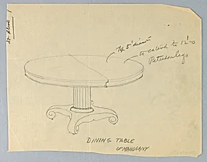 Design for a Round Dining Table of Mahogany on Scroll-Like Feet by A.N. Davenport Co.