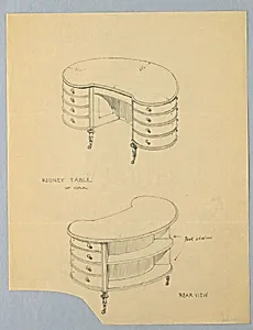 Design for Kidney-Shaped Writing Table with Book Shelves at Back