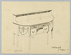 Design for Sideboard with Upper Shelf and Decorative Carved Stripes