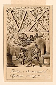 Design for the letters V and X of a Pictoral Alphabet: Victoire/Xystus (Victory in the Xystus)