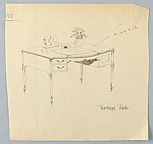 Design for Writing Table with Scalloped Front and Vase of Flowers by A.N. Davenport Co.