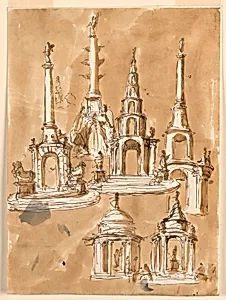 Designs for Fountains; Verso: Blotter for a Black Crayon Drawing, Upper Part of a Design for a Pavilion Elevation by Giuseppe Barberi, Italian, 1746–1809
