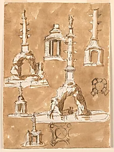 Designs for Fountains; Verso: Blotter of a Black Crayon Drawing, the Lower Part of the Project for the Elevation of a Pavilion by Giuseppe Barberi, Italian, 1746–1809
