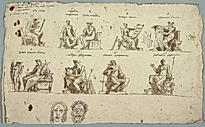 Designs for paintings in Montmorency: The Nine Muses and two masks, Tragedy and Comedy by Felice Giani, Italian, 1758–1823