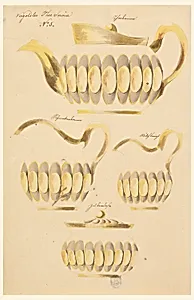 Designs for Teapot, Hot Water Pitcher, Milk Pitcher and Sugar Bowl by Unknown