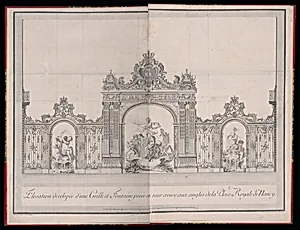 Elevation developÃ©e d'une Grille et Fontaine posÃ©e en tour creuse aux angles de la Place Royale de Nancy