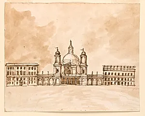 Elevation of a Church Flanked by Two Houses
