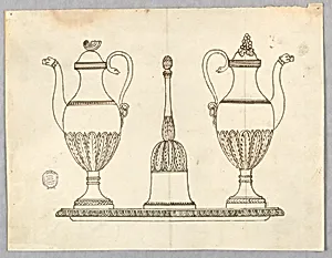 Elevation of a Tray with Two Tankards and a Hand Bell
