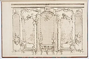 Elevation of Interior with Mirror, Console Tables, and Sofas