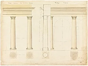 Elevation of Section of a Wall with Columns and Arch at Right
